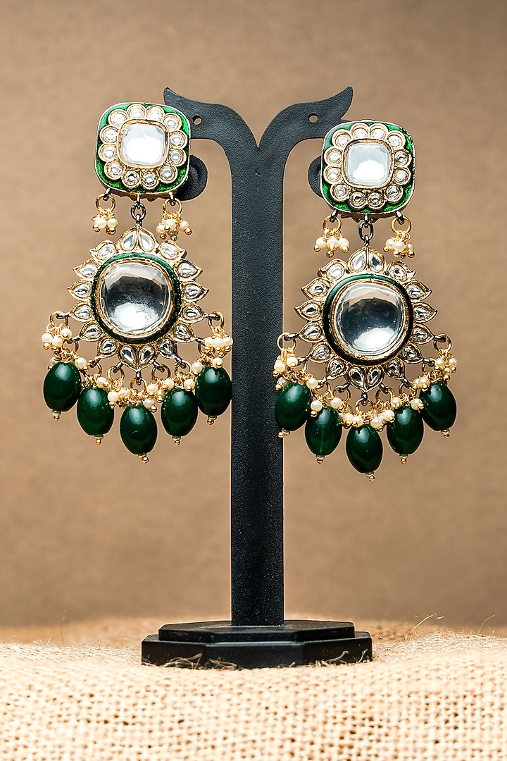 Gold Finish Kundan Polki & Emerald Dangler Earrings by Nayaab by Sonia at Pernia's Pop Up Shop