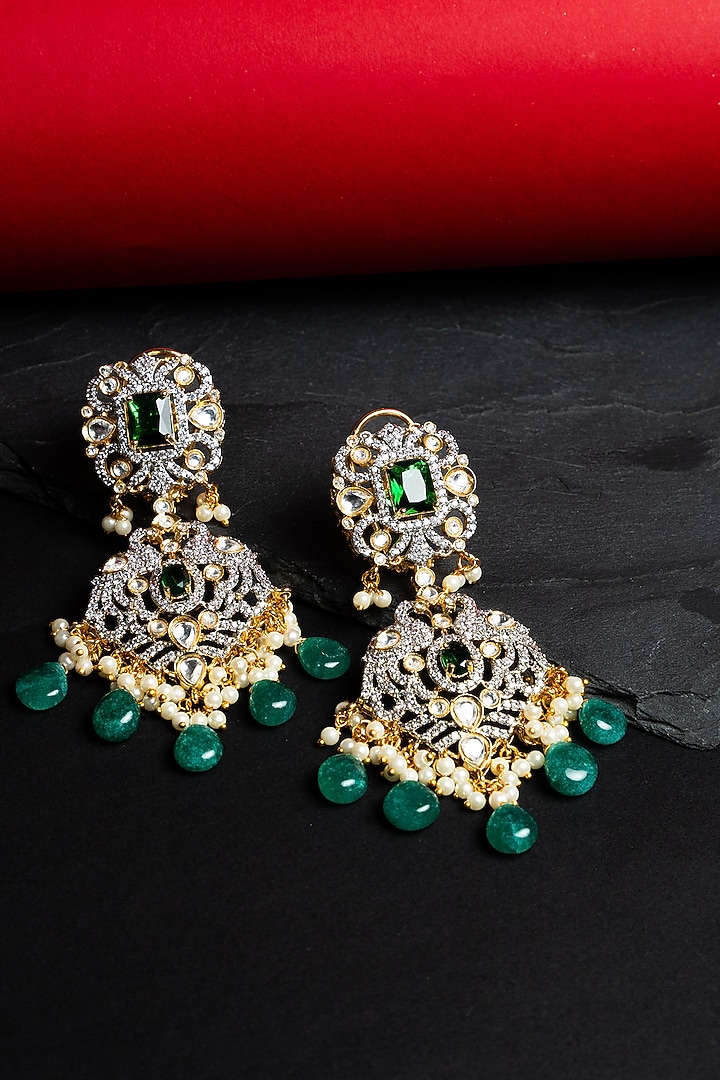 Gold Finish CZ Diamond & Kundan Polki Dangler Earrings by Nayaab by Sonia at Pernia's Pop Up Shop