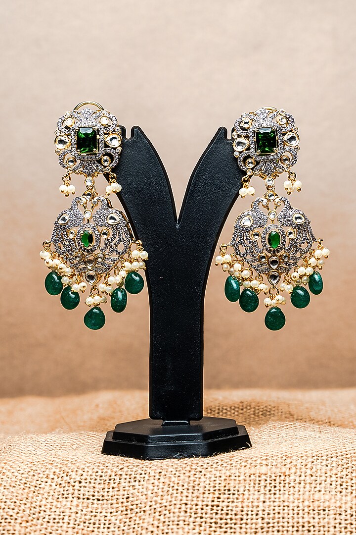 Gold Finish CZ Diamond & Kundan Polki Dangler Earrings by Nayaab by Sonia at Pernia's Pop Up Shop