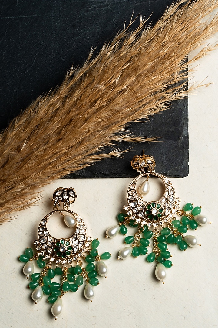 Gold Finish Semi-Precious Stone & Moissanite Polki Dangler Earrings by Nayaab by Sonia at Pernia's Pop Up Shop