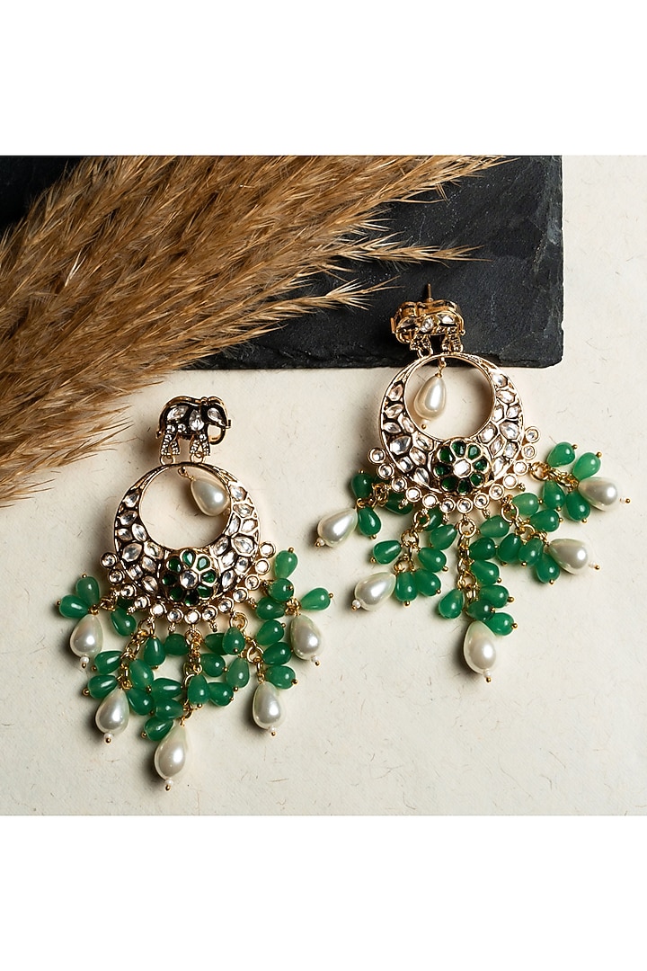 Gold Finish Semi-Precious Stone & Moissanite Polki Dangler Earrings by Nayaab by Sonia at Pernia's Pop Up Shop
