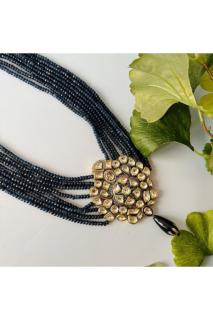 Gold Finish Beaded & Jadau Long Necklace by Nayaab by Sonia at Pernia's Pop Up Shop