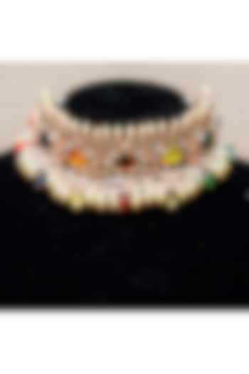 Gold Finish Moissanite Polki & Pearl Choker Necklace Set by Nayaab by Sonia at Pernia's Pop Up Shop