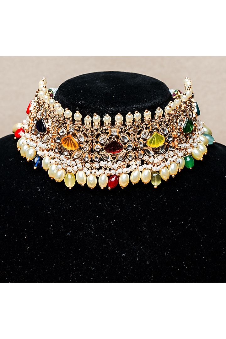 Gold Finish Moissanite Polki & Pearl Choker Necklace Set by Nayaab by Sonia at Pernia's Pop Up Shop