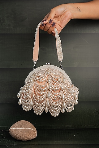 Pink Suede Pearl & Bead Work Potli by Nayaab by Sonia