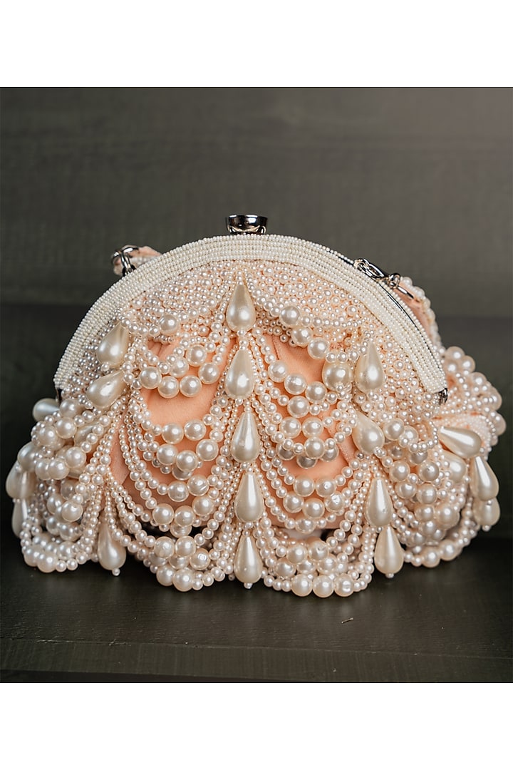 Pink Suede Pearl & Bead Work Potli by Nayaab by Sonia at Pernia's Pop Up Shop
