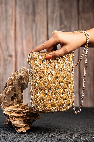 Gold Silk Kundan & Bead Embroidered Pouch by Nayaab by Sonia