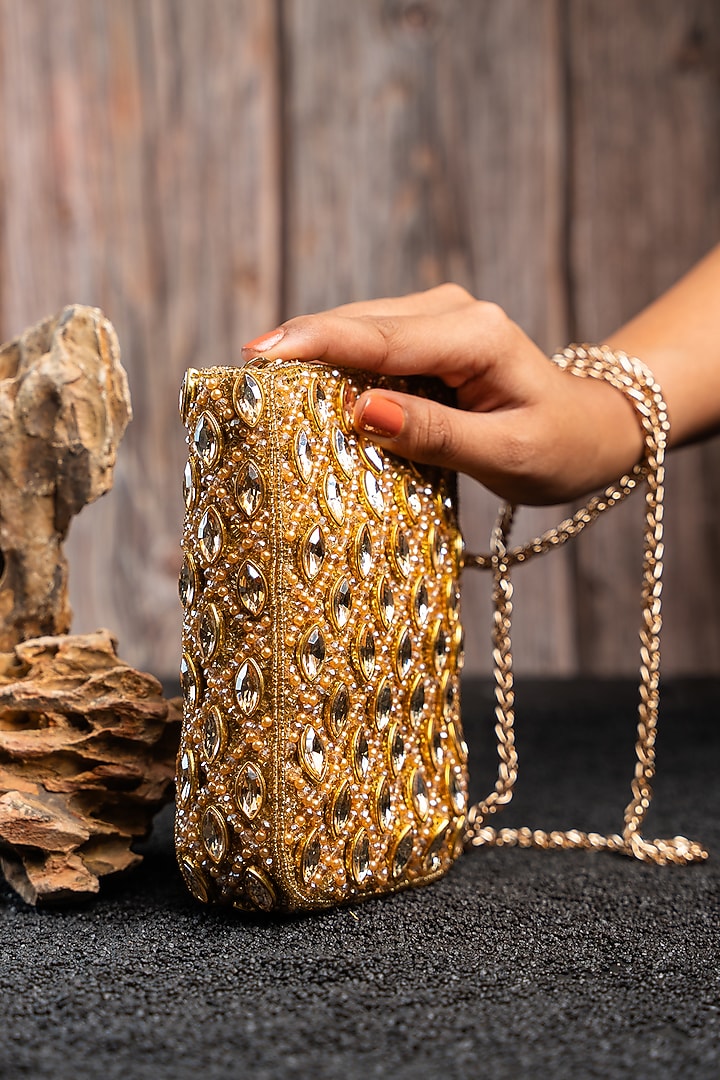 Gold Silk Kundan & Bead Embroidered Pouch by Nayaab by Sonia at Pernia's Pop Up Shop