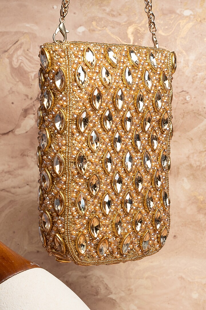 Gold Silk Kundan & Bead Embroidered Pouch by Nayaab by Sonia at Pernia's Pop Up Shop