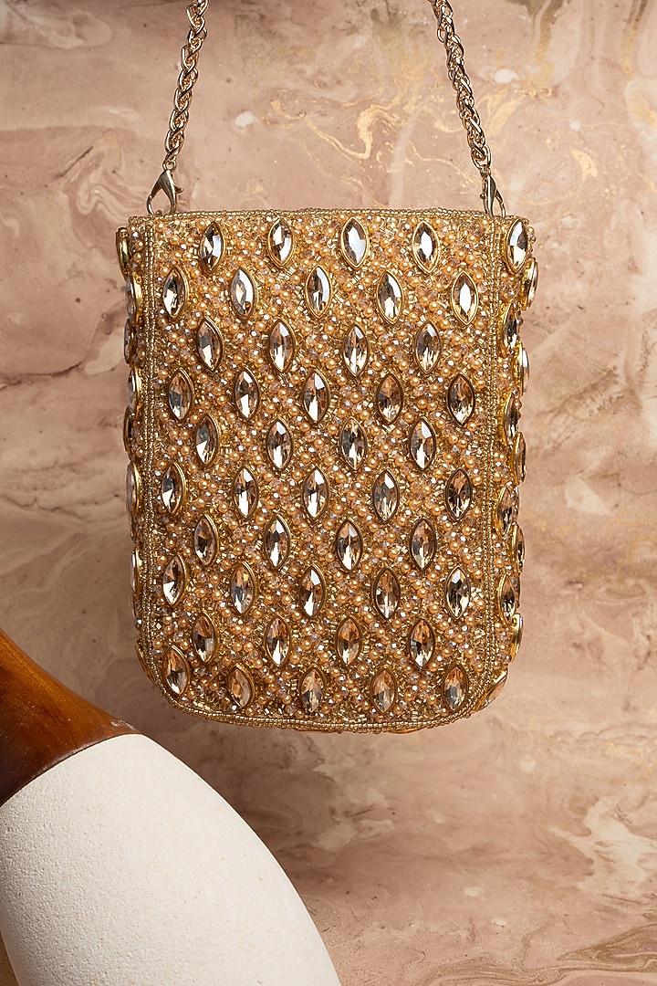 Gold Silk Kundan & Bead Embroidered Pouch by Nayaab by Sonia at Pernia's Pop Up Shop