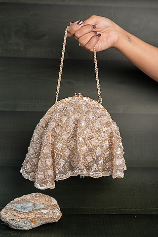 Gold Silk Thread Embellished Potli by Nayaab by Sonia