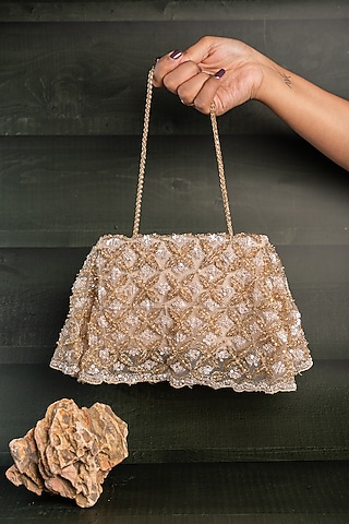 Gold Silk Thread Embellished Box-Shaped Bag by Nayaab by Sonia