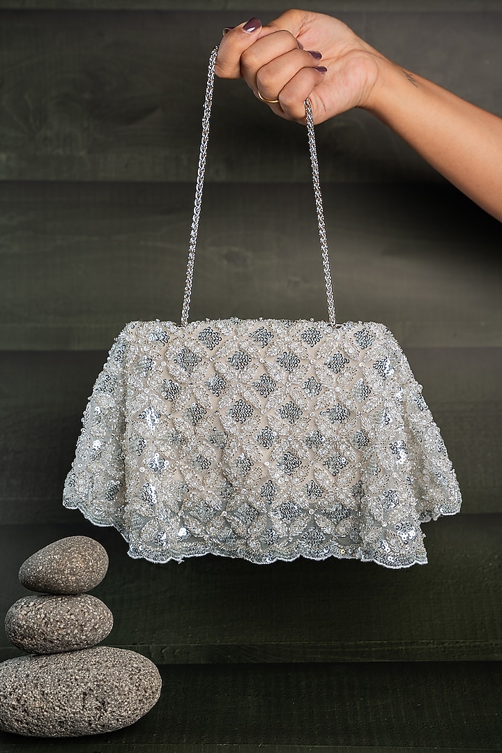 Silver Silk Thread Embellished Box-Shaped Bag by Nayaab by Sonia at Pernia's Pop Up Shop