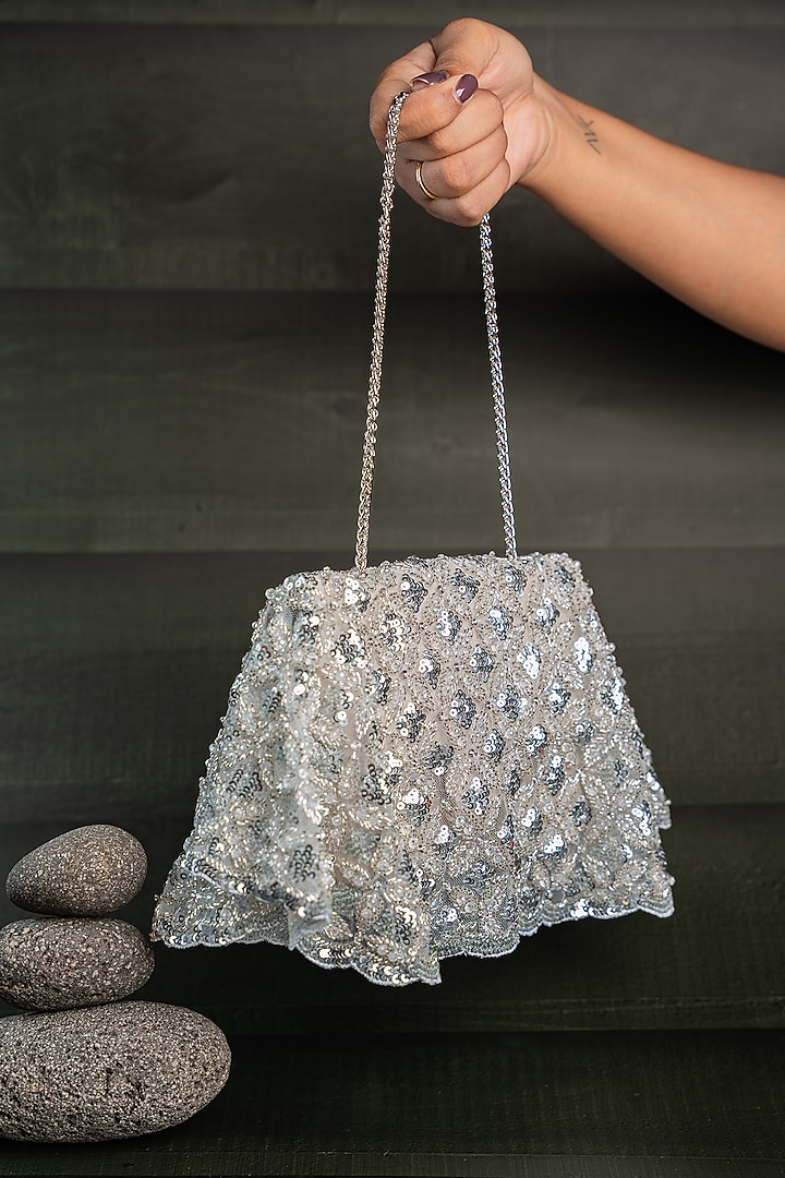 Silver Silk Thread Embellished Box-Shaped Bag by Nayaab by Sonia at Pernia's Pop Up Shop