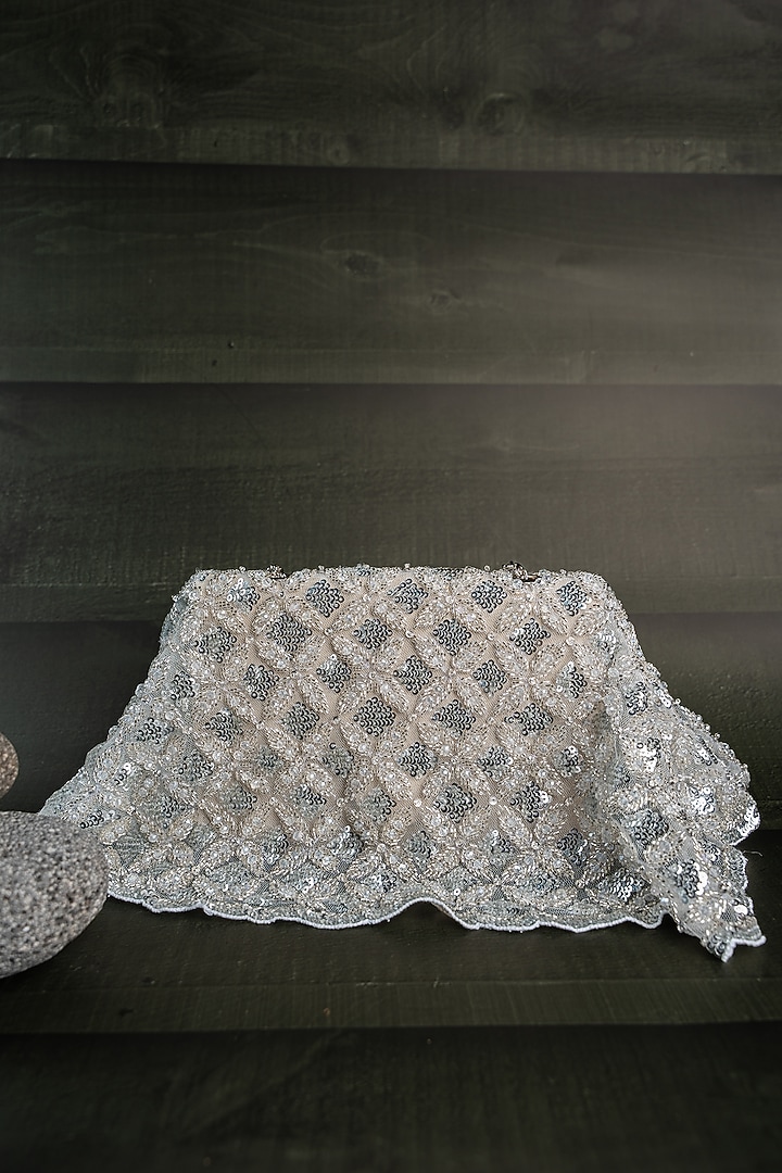 Silver Silk Thread Embellished Box-Shaped Bag by Nayaab by Sonia at Pernia's Pop Up Shop