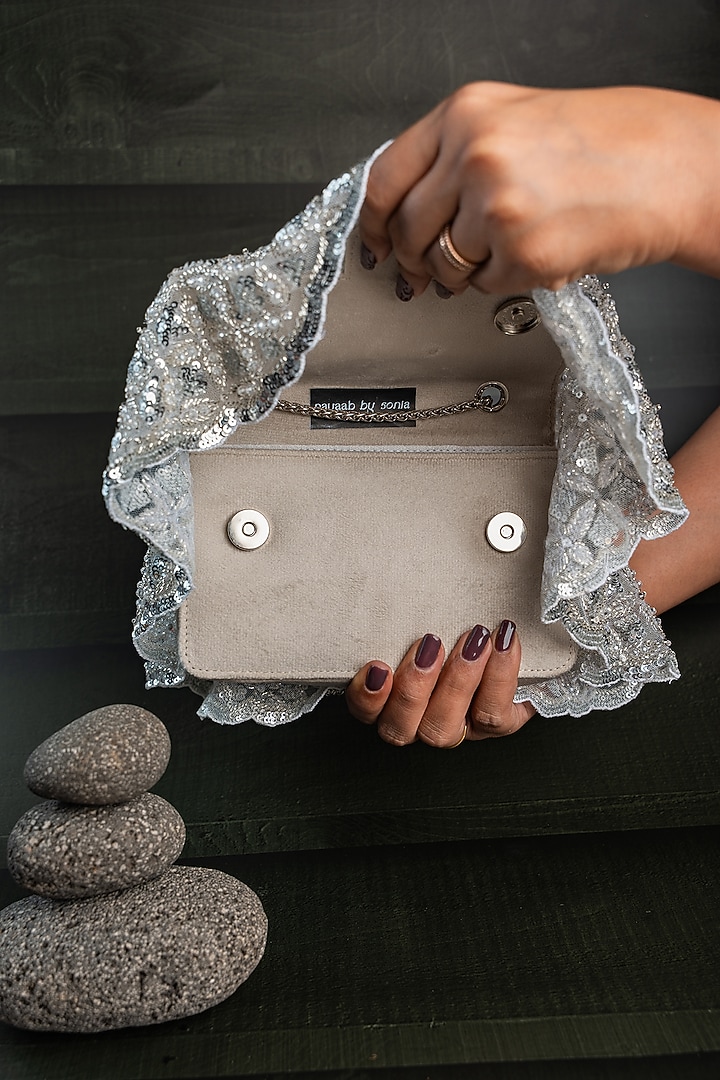 Silver Silk Thread Embellished Box-Shaped Bag by Nayaab by Sonia at Pernia's Pop Up Shop