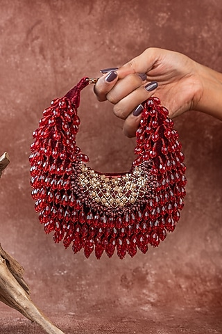 Maroon Suede Hand Embellished Handbag by Nayaab by Sonia