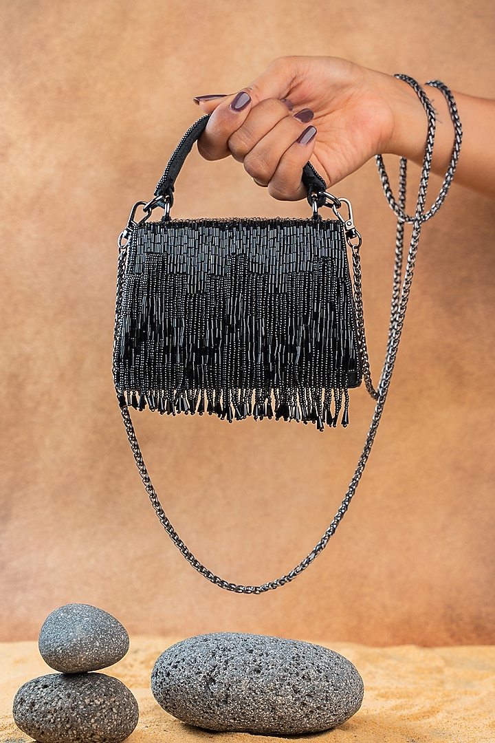Black Silk Bugal Bead Work Mini Handbag by Nayaab by Sonia at Pernia's Pop Up Shop