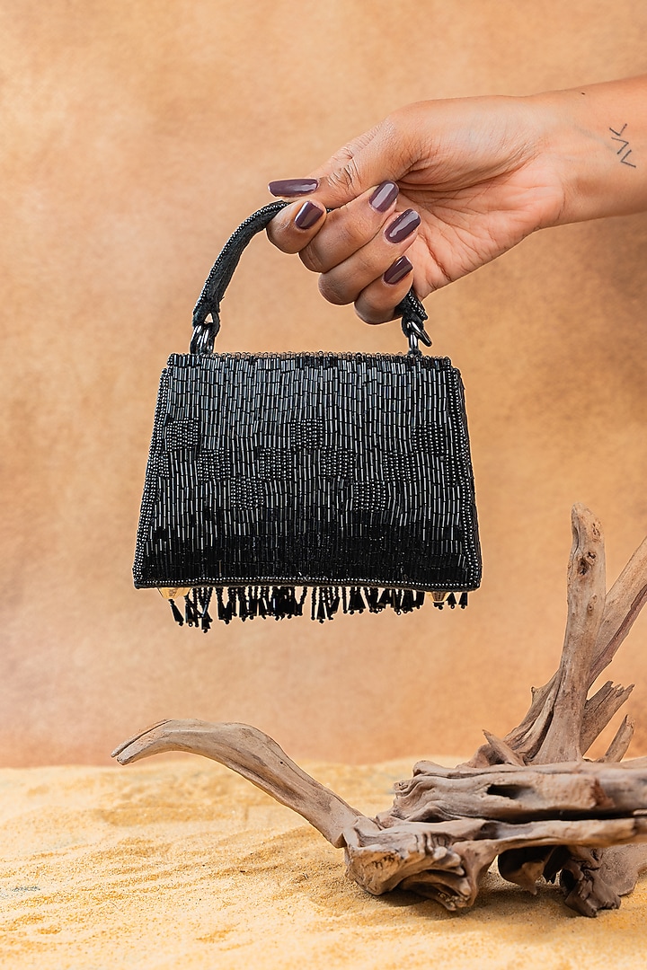 Black Silk Bugal Bead Work Mini Handbag by Nayaab by Sonia at Pernia's Pop Up Shop