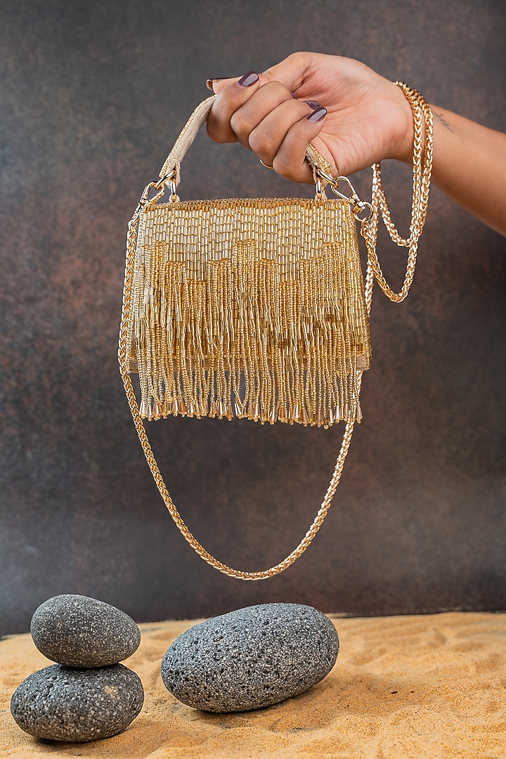 Gold Silk Bugal Beads Embroidered Mini Handbag by Nayaab by Sonia at Pernia's Pop Up Shop