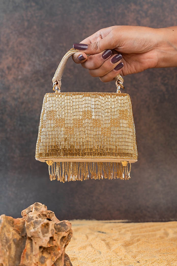 Gold Silk Bugal Beads Embroidered Mini Handbag by Nayaab by Sonia at Pernia's Pop Up Shop