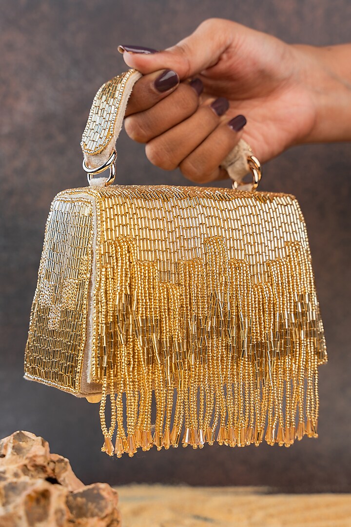 Gold Silk Bugal Beads Embroidered Mini Handbag by Nayaab by Sonia at Pernia's Pop Up Shop