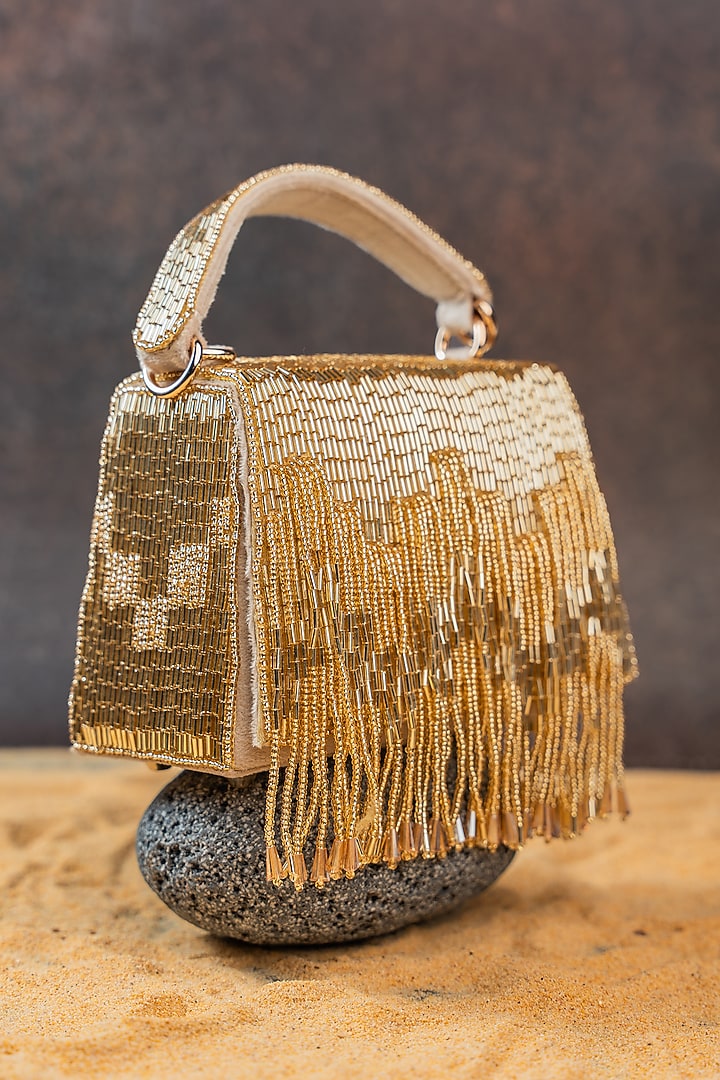 Gold Silk Bugal Beads Embroidered Mini Handbag by Nayaab by Sonia at Pernia's Pop Up Shop