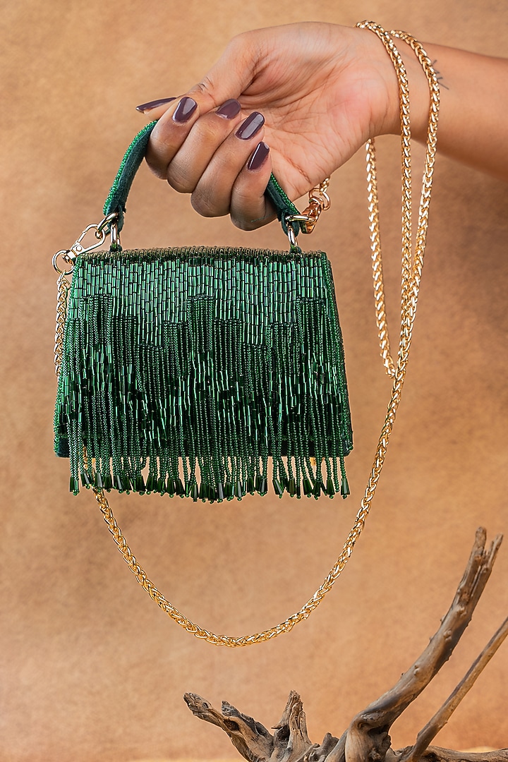 Green Silk Bugal Beads Embroidered Mini Handbag by Nayaab by Sonia at Pernia's Pop Up Shop