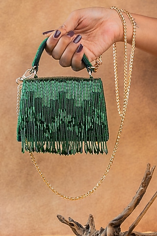 Green Silk Bugal Beads Embroidered Mini Handbag by Nayaab by Sonia