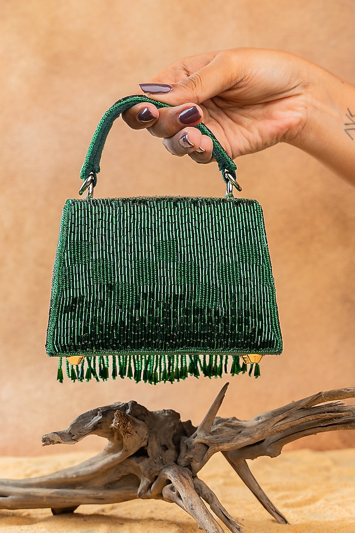 Green Silk Bugal Beads Embroidered Mini Handbag by Nayaab by Sonia at Pernia's Pop Up Shop