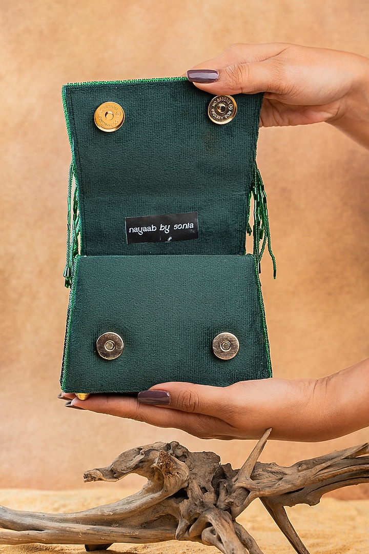 Green Silk Bugal Beads Embroidered Mini Handbag by Nayaab by Sonia at Pernia's Pop Up Shop