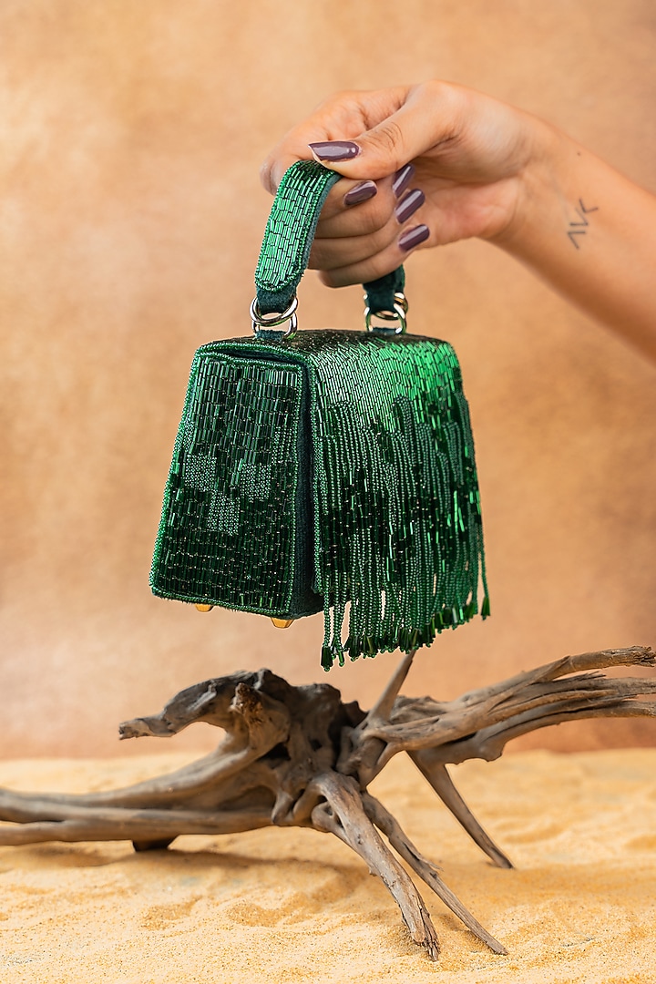 Green Silk Bugal Beads Embroidered Mini Handbag by Nayaab by Sonia at Pernia's Pop Up Shop