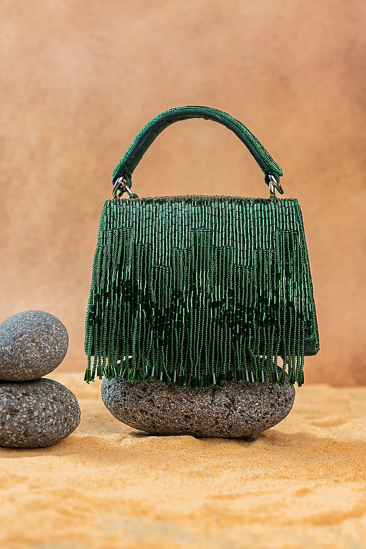 Green Silk Bugal Beads Embroidered Mini Handbag by Nayaab by Sonia at Pernia's Pop Up Shop