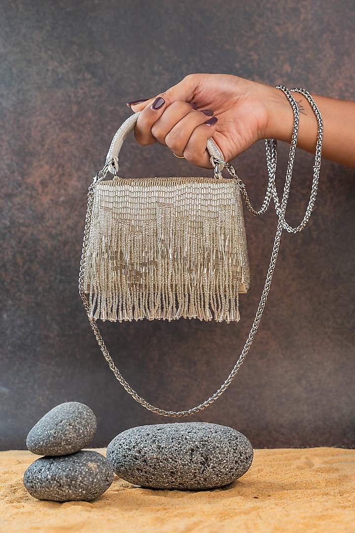 Silver Silk Bugal Beadwork Mini Handbag by Nayaab by Sonia at Pernia's Pop Up Shop