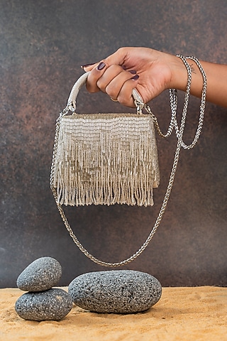 Silver Silk Bugal Beadwork Mini Handbag by Nayaab by Sonia