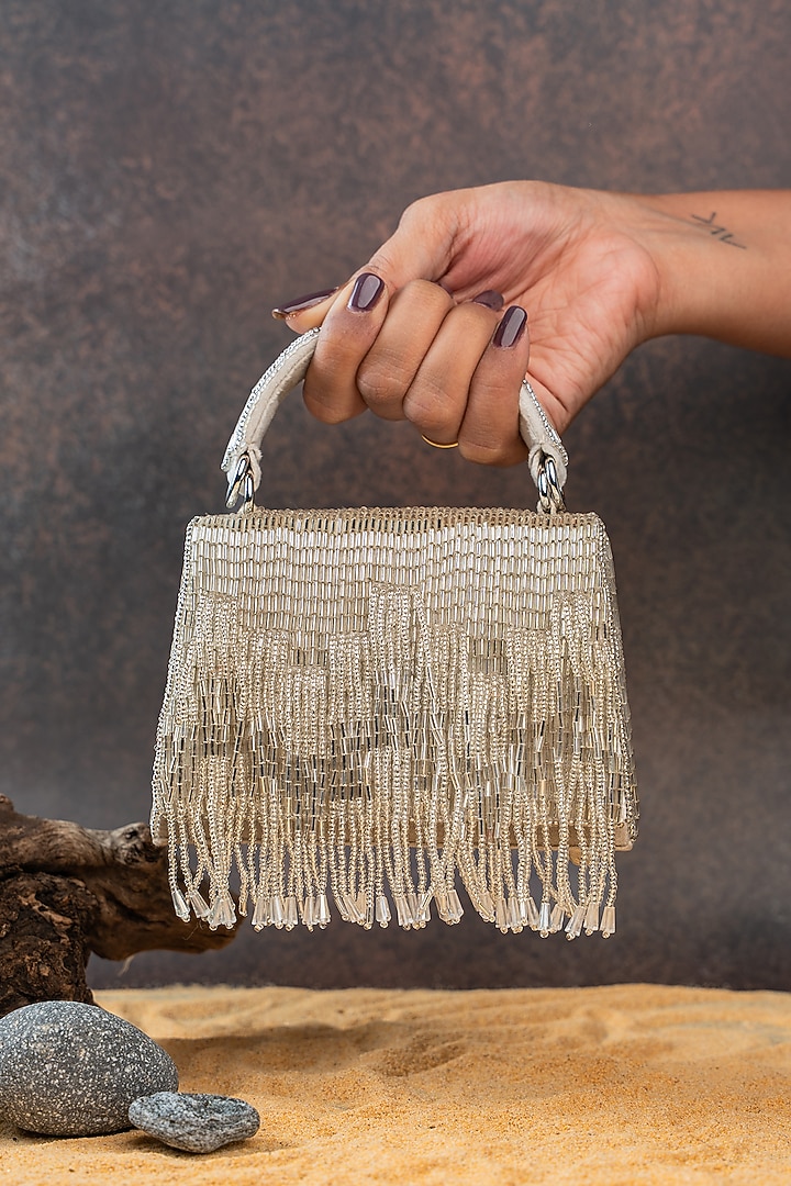 Silver Silk Bugal Beadwork Mini Handbag by Nayaab by Sonia at Pernia's Pop Up Shop