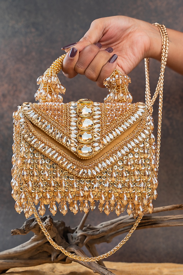 Gold Silk Crystal Embroidered Clutch by Nayaab by Sonia at Pernia's Pop Up Shop