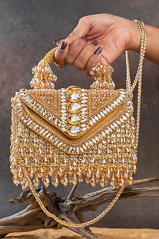 Gold Silk Crystal Embroidered Clutch by Nayaab by Sonia