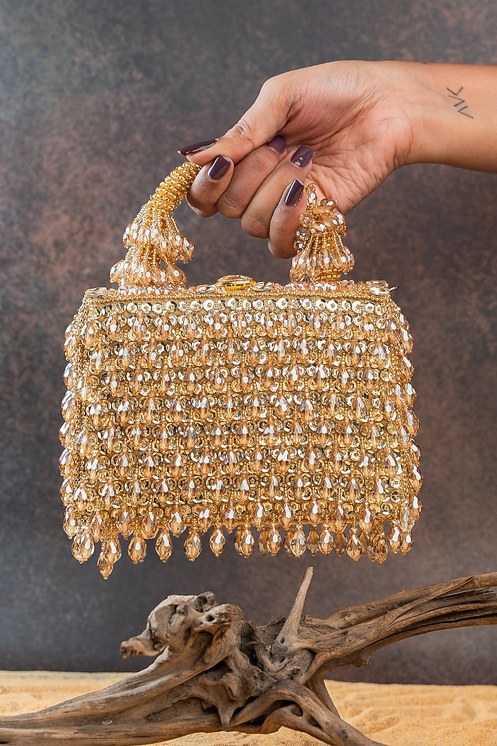 Gold Silk Crystal Embroidered Clutch by Nayaab by Sonia at Pernia's Pop Up Shop