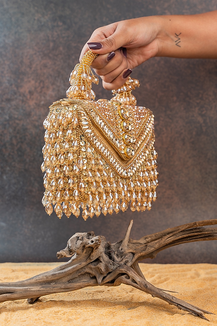 Gold Silk Crystal Embroidered Clutch by Nayaab by Sonia at Pernia's Pop Up Shop