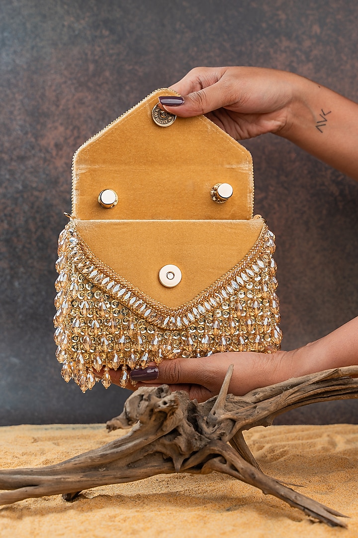 Gold Silk Crystal Embroidered Clutch by Nayaab by Sonia at Pernia's Pop Up Shop