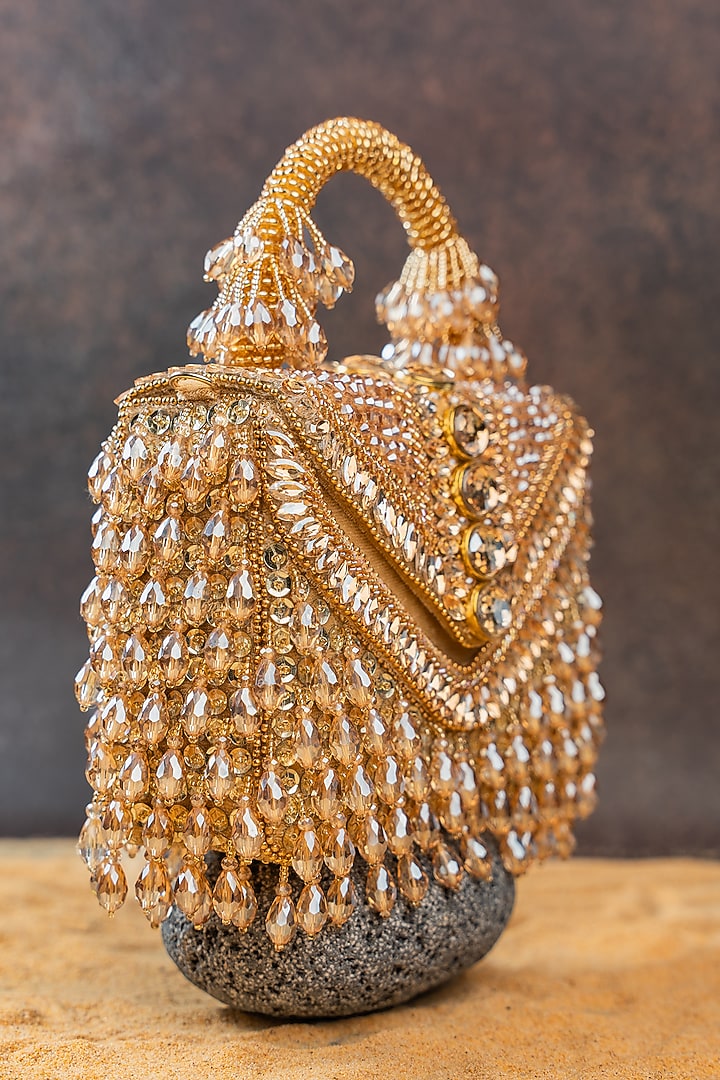 Gold Silk Crystal Embroidered Clutch by Nayaab by Sonia at Pernia's Pop Up Shop
