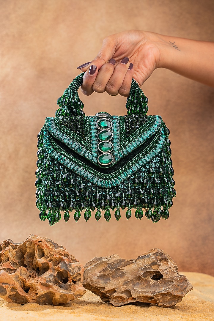 Emerald Green Silk Crystal Embroidered Box Clutch by Nayaab by Sonia at Pernia's Pop Up Shop