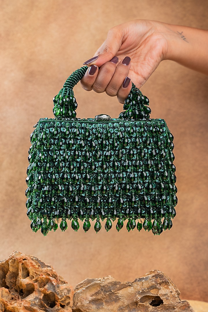 Emerald Green Silk Crystal Embroidered Box Clutch by Nayaab by Sonia at Pernia's Pop Up Shop