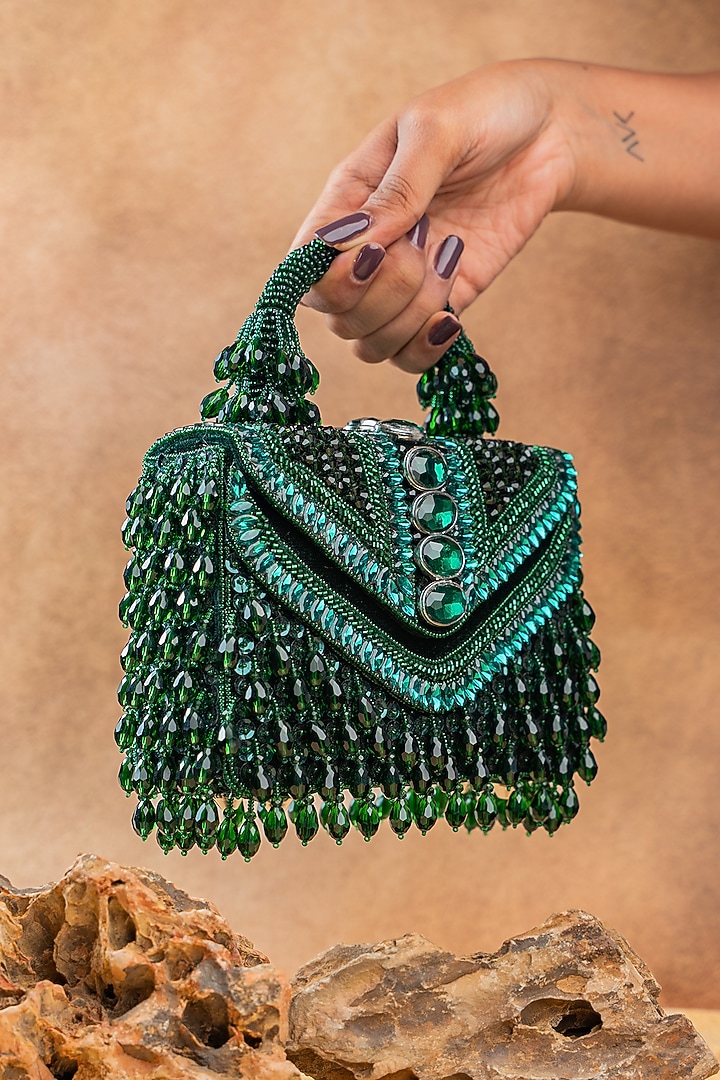 Emerald Green Silk Crystal Embroidered Box Clutch by Nayaab by Sonia at Pernia's Pop Up Shop