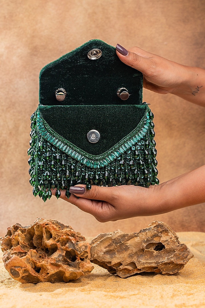 Emerald Green Silk Crystal Embroidered Box Clutch by Nayaab by Sonia at Pernia's Pop Up Shop