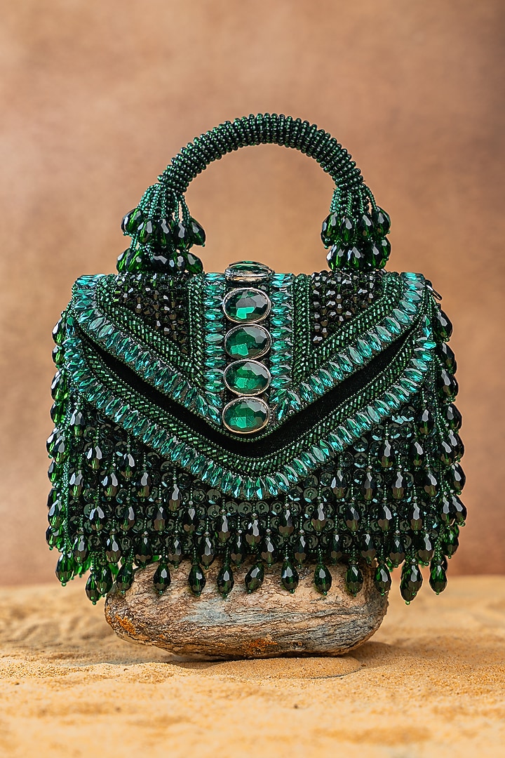 Emerald Green Silk Crystal Embroidered Box Clutch by Nayaab by Sonia at Pernia's Pop Up Shop