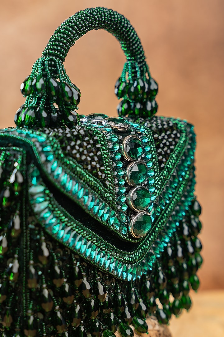 Emerald Green Silk Crystal Embroidered Box Clutch by Nayaab by Sonia at Pernia's Pop Up Shop
