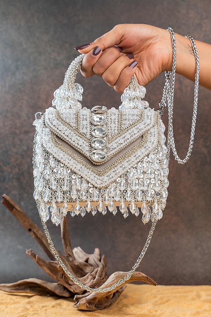 Silver Silk Crystal Embroidered Box Clutch by Nayaab by Sonia at Pernia's Pop Up Shop