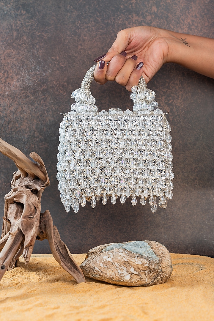 Silver Silk Crystal Embroidered Box Clutch by Nayaab by Sonia at Pernia's Pop Up Shop